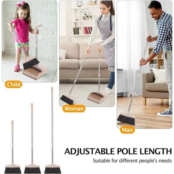 Long Handle Broom and Dustpan Set Upright Stand Pet Hair Kitchen Floor Cleaner - Picture 4 of 7